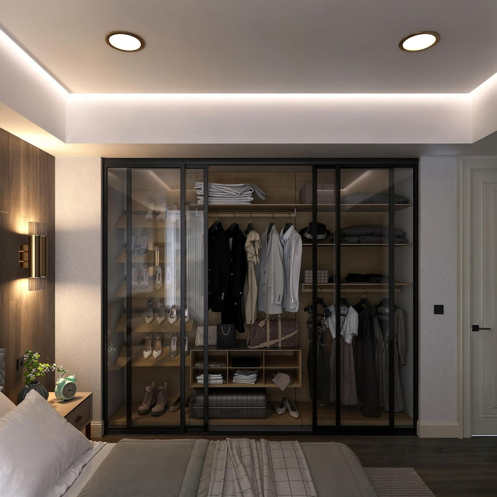 Door55 4 Panel Glass Sliding Closet Doors with Aluminum Frame, Silent Glide Technology, Bedroom Clos