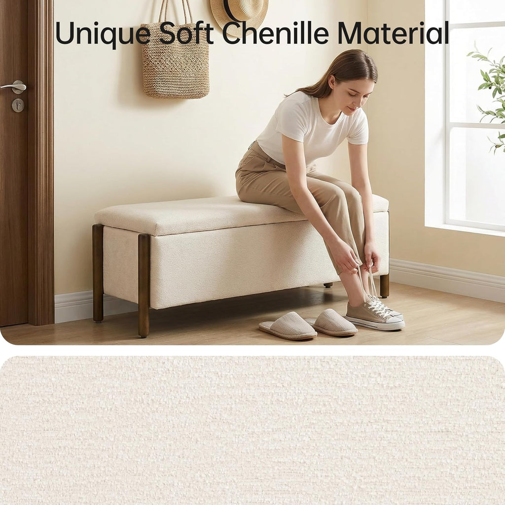 47" Fabric Upholstered End of Bed Storage Ottoman Bench, Beige | Entryway Bench with Storage and Rubberwood Legs