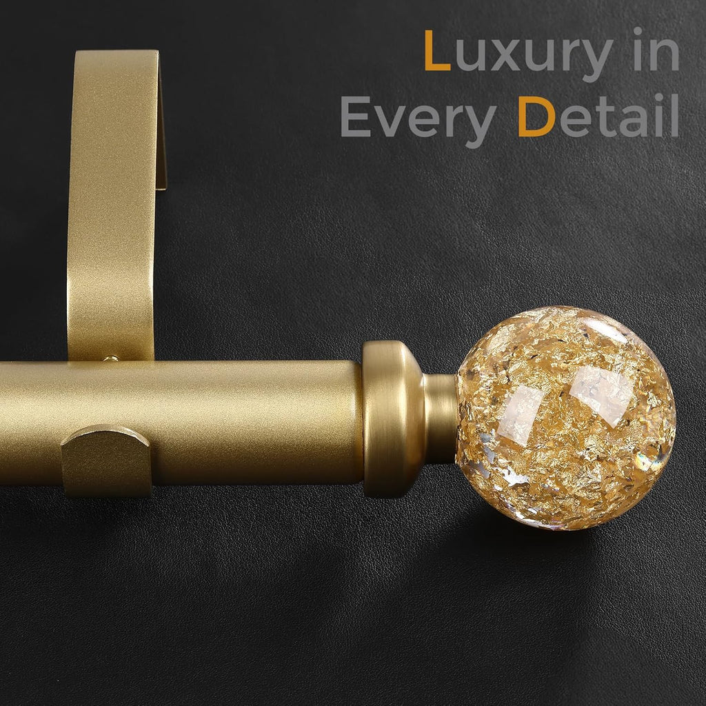 Gold Curtain Rods for Windows, 1'' Heavy Duty Adjustable Drapery Rod with Unique Crystal Ball Finials