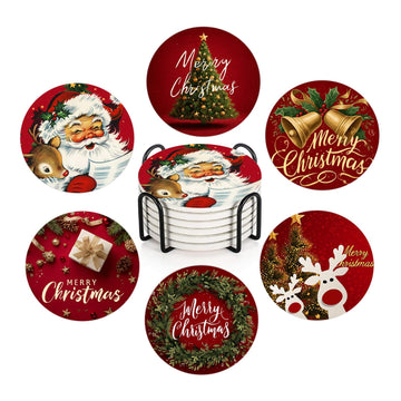 Merry Christmas Coasters Set of 6, Round Absorbent Ceramic Coaster, with Metal Holder and Cork Base, Santa Claus