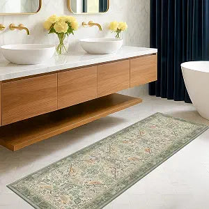 Sage Floral Kitchen Runners - 2x7 Long Runner Rug Bathroom Bedroom Beside Bed Entryway, Boho Birds Leaves Patterned