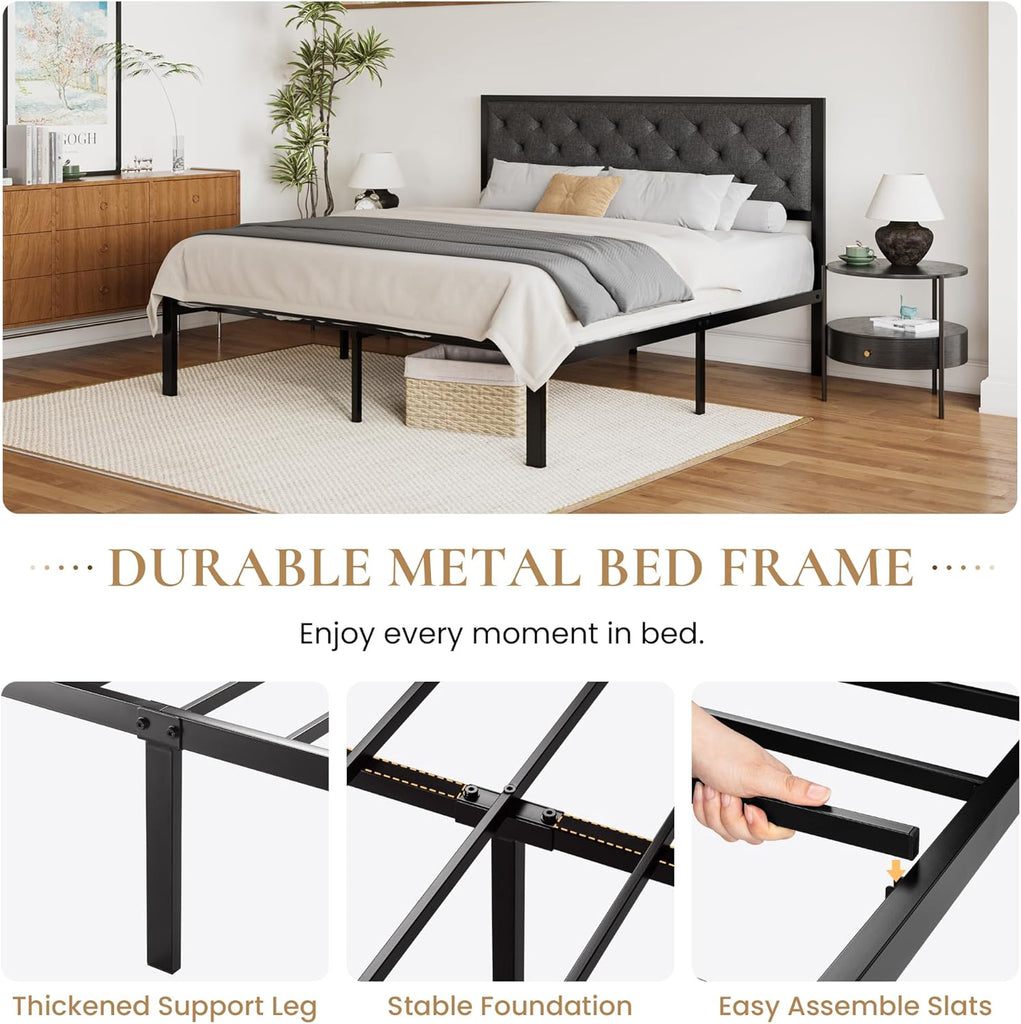 King Metal Platform Bed Frame,Linen Upholstered Button Tufted Headboard