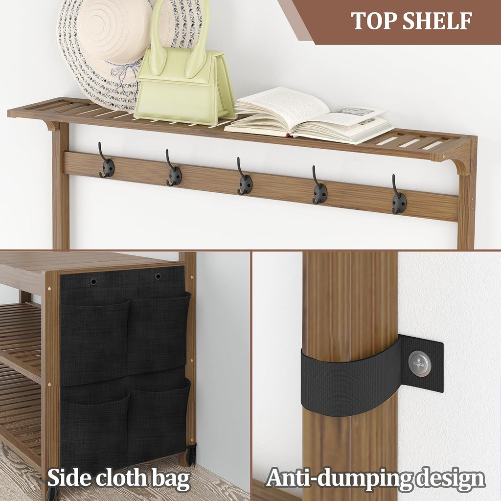Hall Tree with bench and shoe storage, Entryway Bench with shoe storage, 6-in-1 Coat Rack with Cloth Bag and14 Coat