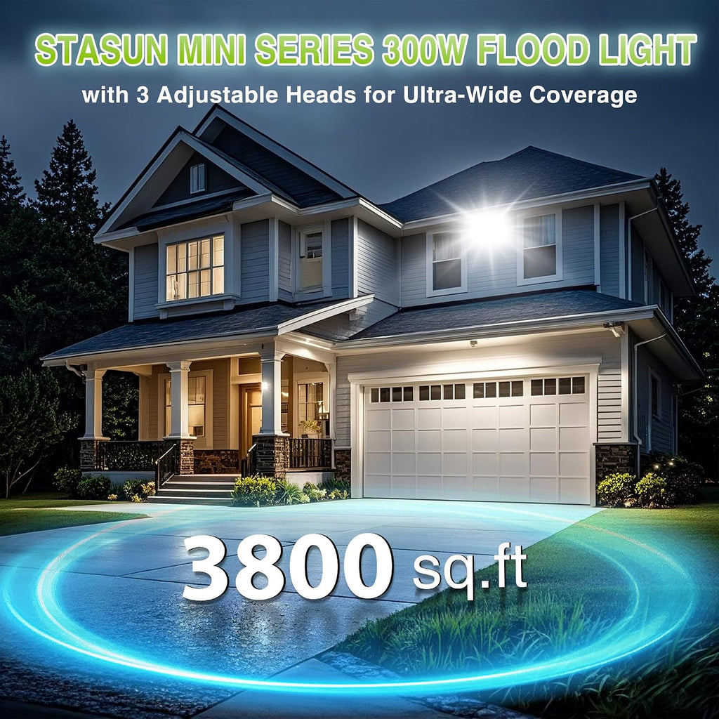 300W LED Flood Light, Mini Series Outdoor Floodlight, 30000LM 6000K Daylight White, IP66 Waterproof, 3 Adjustable
