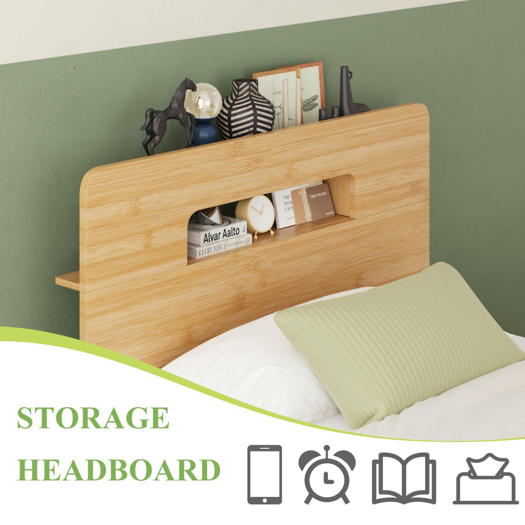 Solid Bamboo Wood Twin XL Bed Frame with Storage Headboard, 14 inch Platform Twin XL Bed Frames No Box Spring Needed