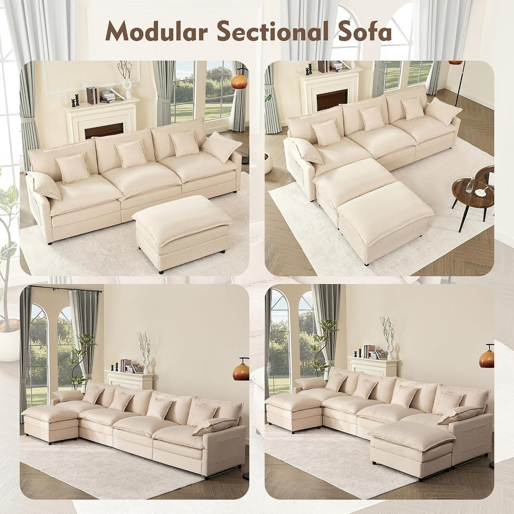 108" U-Shaped Modular Cloud Couch, Deep Seat, Linen Beige | Cloud Comfort, Couches , Removable & Machine-Washable