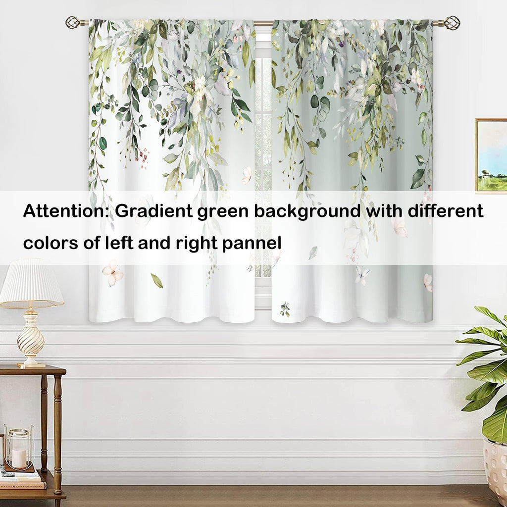 Sage Green Eucalyptus Small Kitchen Curtains Watercolor Leaves Window Treatment Flower Floral Plant Botanical