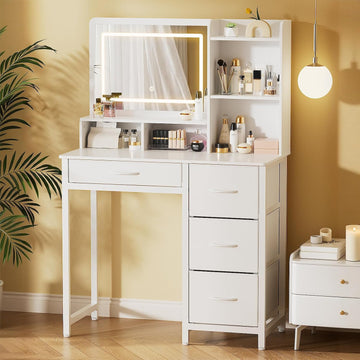 Vanity Desk with Mirror and Lights, Large Capacity, Fabric Drawers | Bedroom, Teens & Women, 3 Light Modes, 4 Fabric