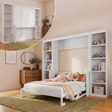 Murphy Bed Queen with Small Desk and Bookcase, Vertical Murphy Wall Bed Cabinet Desk and Bookshelf Storage Combo