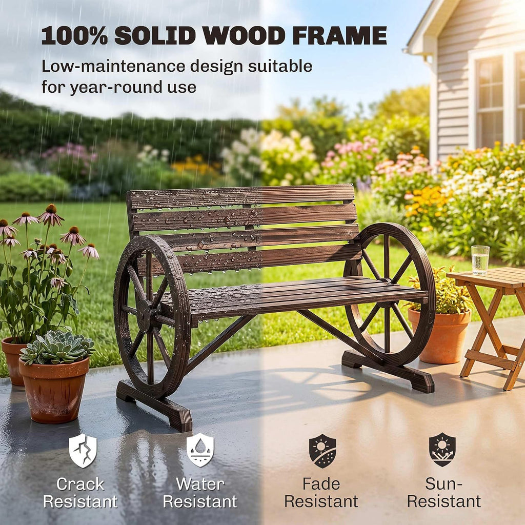 41" Wooden Wagon Wheel Bench Rustic Outdoor 2-Person Carbonized | Patio Bench, Weather Resistance Furniture, Slatted