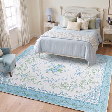 Blue and Green Floral Rug, Coquette French Country Coastal Cottage Grandmillennial Washable Large Area Rug for