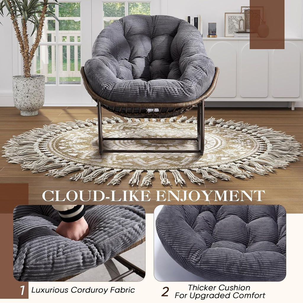 Oversized Indoor Rocking Chair, Comfy Corduroy Rocking Papasan Chair with Thick Cushion and Frame, Large Wicker