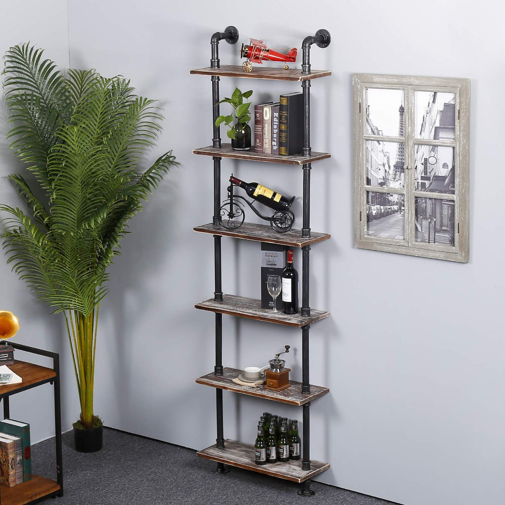 Industrial Pipe Shelves Rustic Modern 24"W Wood Ladder Bookcase with Metal Frame, Pipe Wall Shelf, Wood Storage, Home