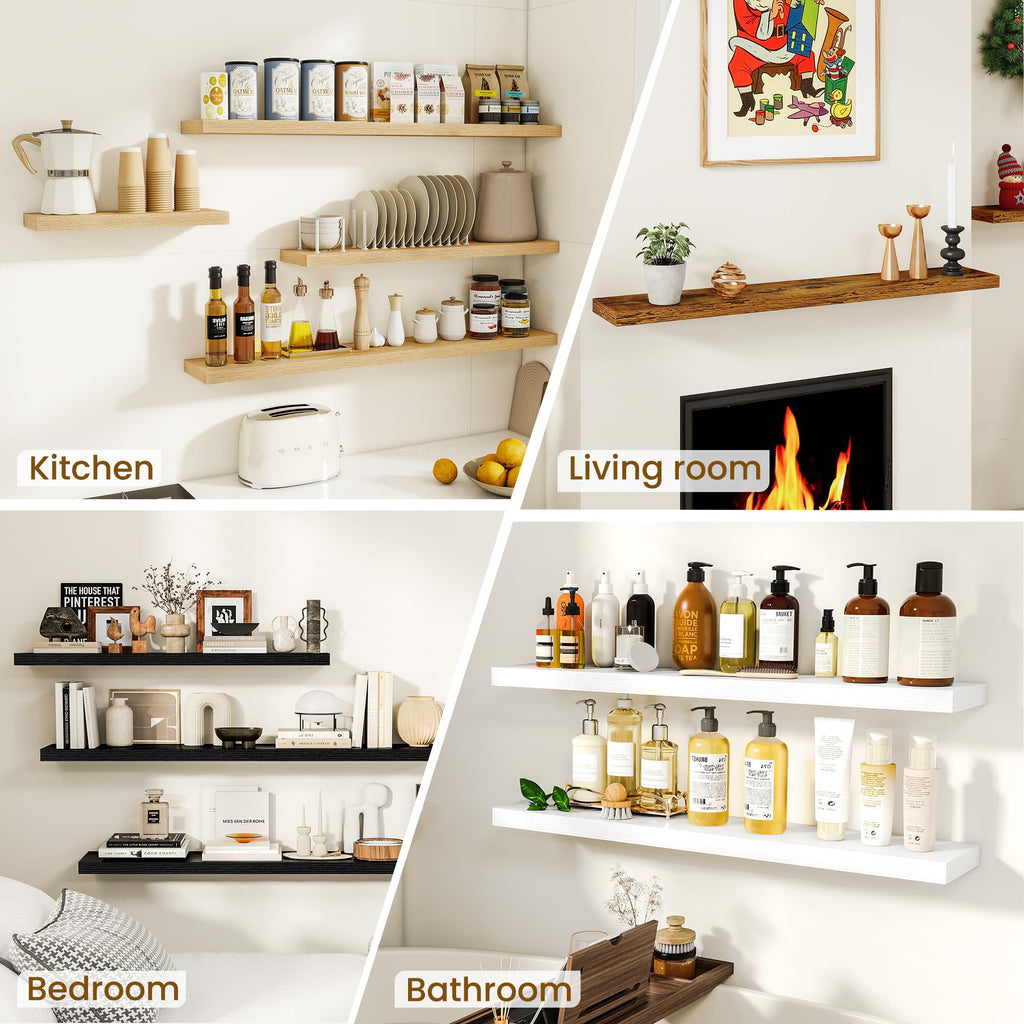 72Inch Floating Shelves for Wall, Rustic Wooden Storage Shelf, Farmhouse, Wall Mounted Display Shelving with
