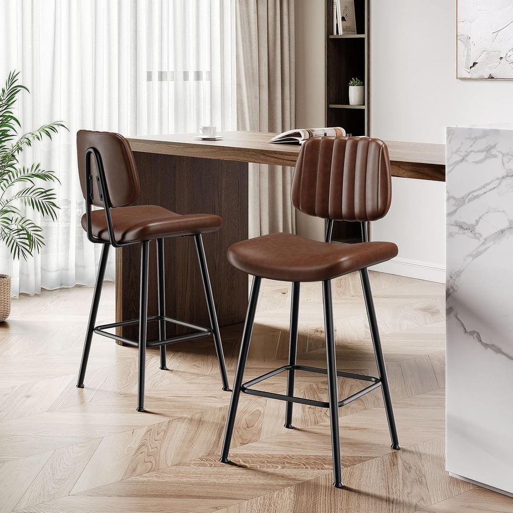 24-Inch Leather Bar Stools Set of 3, Counter Height Barstools with High Backrest，Bar Chairs Island with Heavy Duty