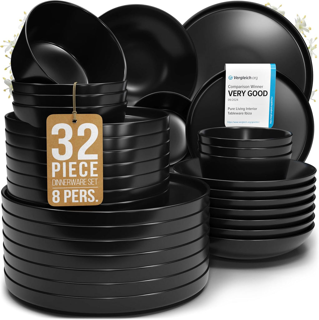 32 Piece Black Dinnerware Set for 8 | Matte Black Plates and Bowls Sets
