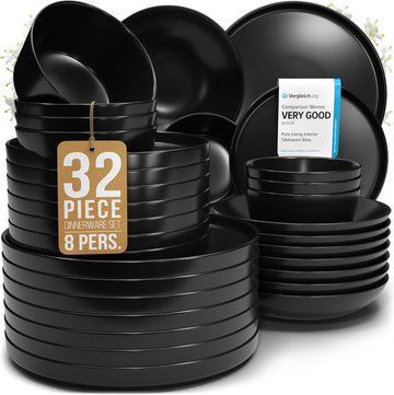 32 Piece Black Dinnerware Set for 8 | Matte Black Plates and Bowls Sets
