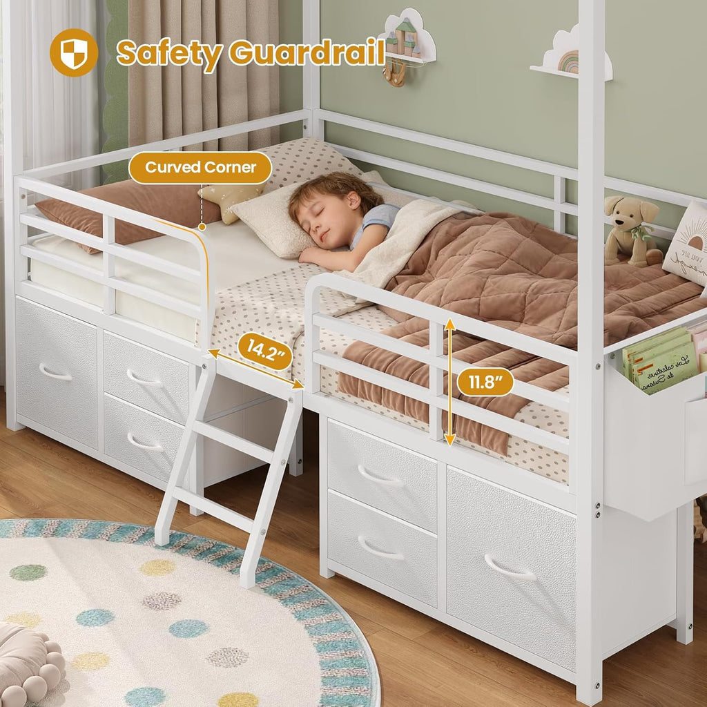 Twin Size Bed Frame with 6 Drawers,White Metal House Kids Bed | Twin Bed Frame for Girls,Safety Guardrail,Inclined