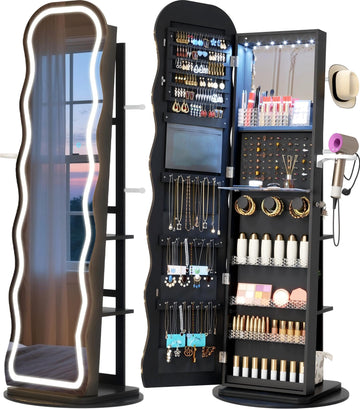 LED Mirror Jewelry Cabinet Standing, 360° Swivel, Black