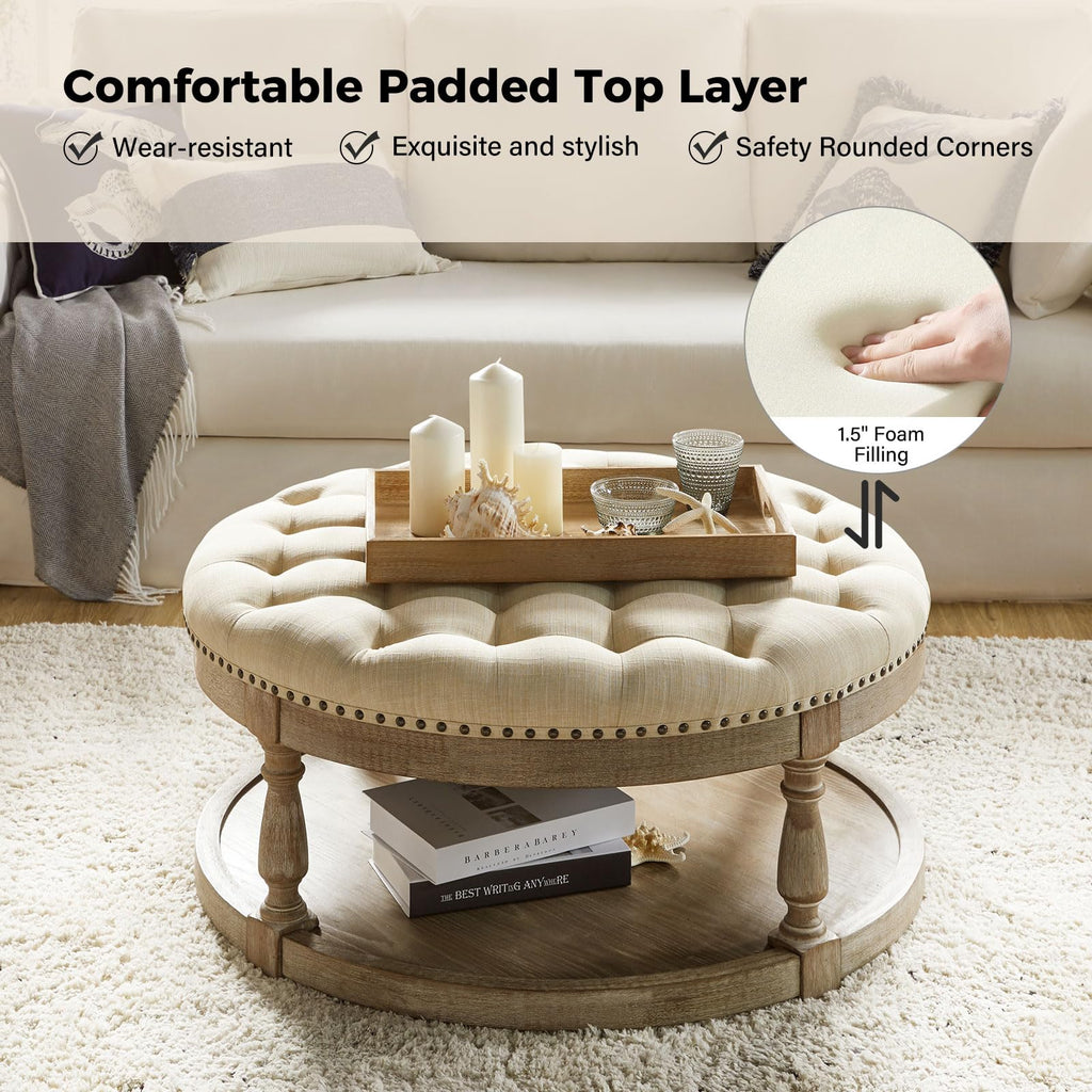 Large Round Ottoman Coffee Table with Storage, Button Tufted Cocktail Ottoman with Shelf & Solid Wood Legs