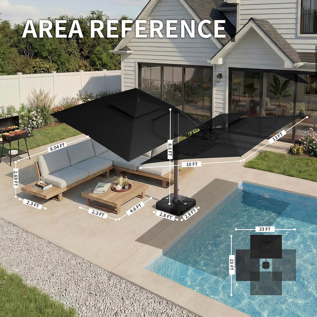10 X 13 FT Cantilever Patio Umbrella with Led Lights and Base Included Outdoor Heavy Duty Double Top Rectangle Offset -