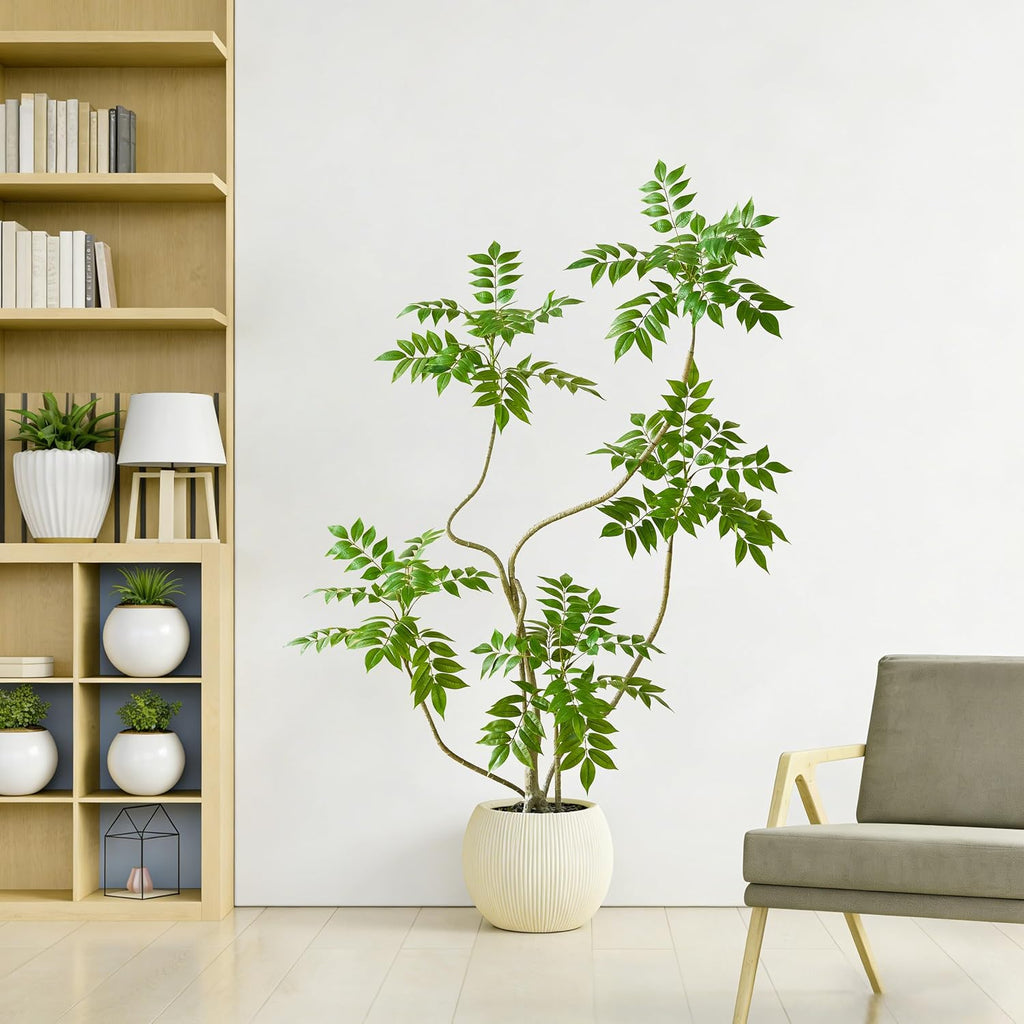 Artificial Sumac Tree:5FT Faux Mahonia Fortunei Tree Realistic Fake Floor Plant Silk Leaves & Elegant Branches in Pot