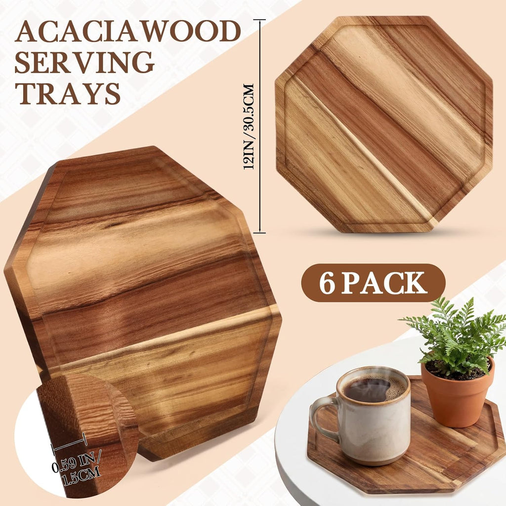 6 Pack 12'' Acacia Wood Serving Trays Wooden Octagon Serving Platter Charcuterie Boards for Bread Fruit Food Dish