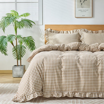 Gingham Duvet Cover, 3 Pieces Soft Breathable Microfiber Plaid Duvet Cover with Zipper Closure & 2 Pillow