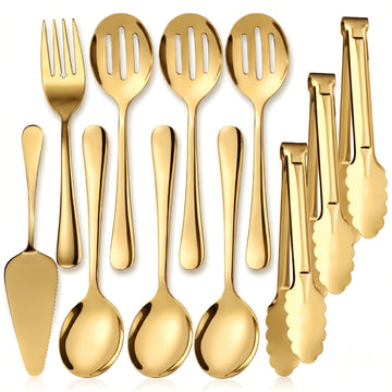 11PCS Stainless Steel Gold Serving Utensils, 8.7''Serving Spoons,8.7''Slotted Spoons, Serving Fork, 9'' Serving