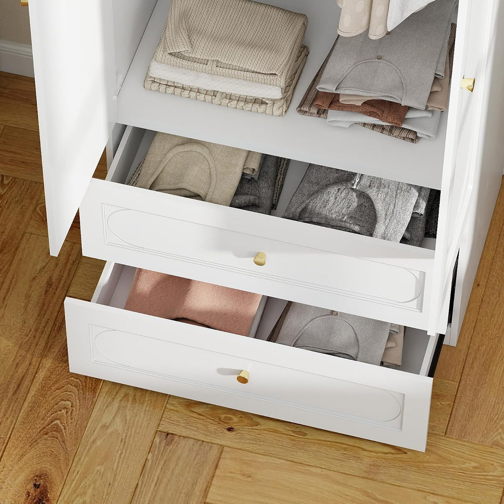 Bedroom Armoire Wardrobe Closet, 75" Tall Wardrobes Closet with 2 Drawers and 2 Doors, Wooden Clothes Cabinets