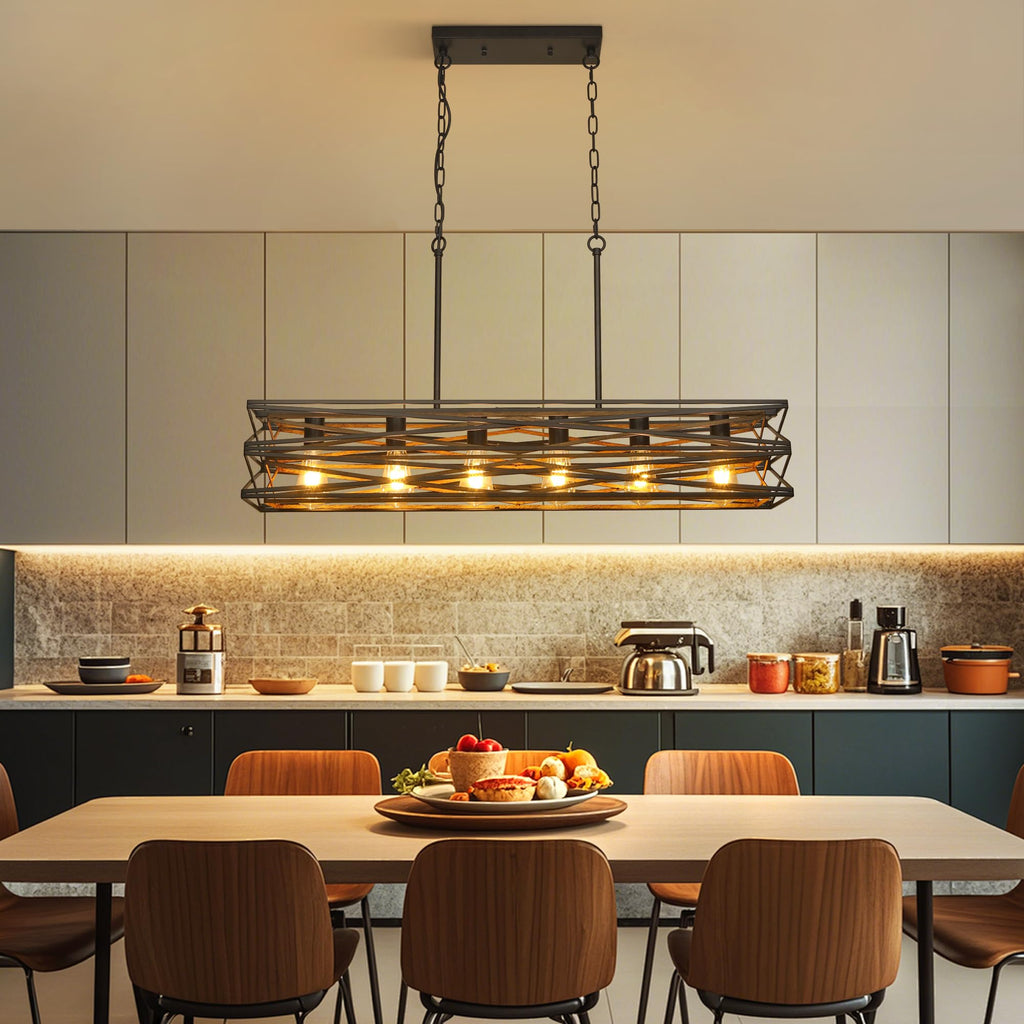 40''Large Farmhouse Rectangular Chandeliers, 6-Light Black Matte Dining Light Fixture, Modern Industrial Pendant