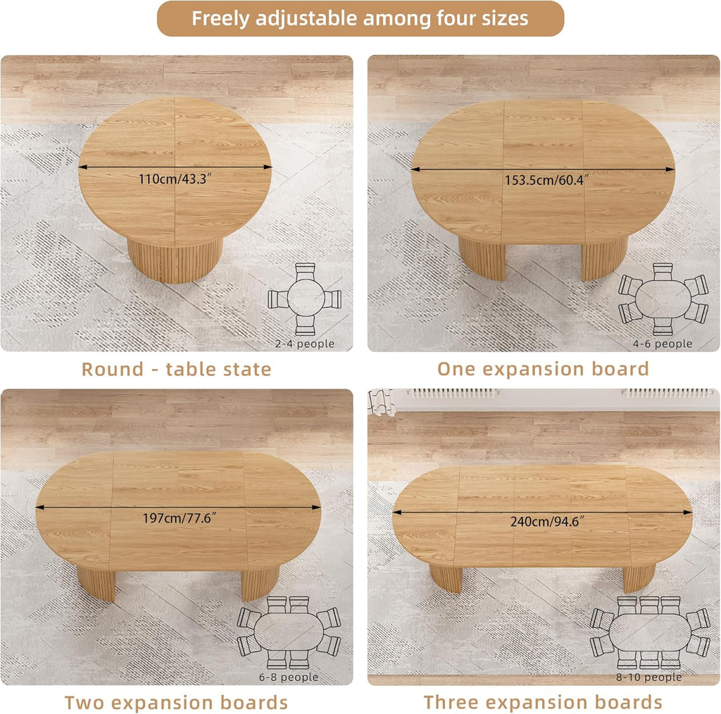 43-95 Inch Oval Extendable Dining Table for 4-10, Fluted Space Saving Long Round Kitchen Table with 3 Leaf, 2