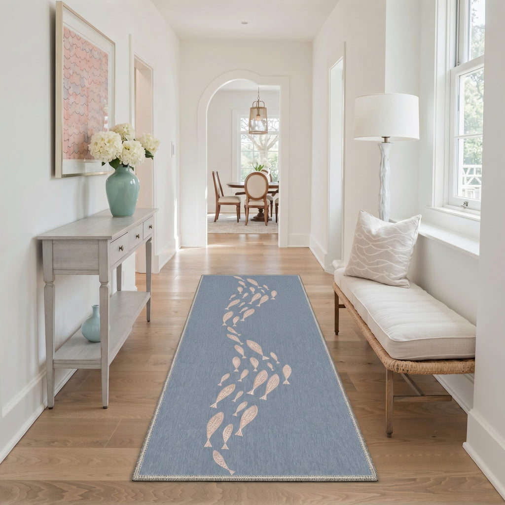 6x9 Fish Rug, Machine Washable Light Blue Rug with Minimal Fish Pattern
