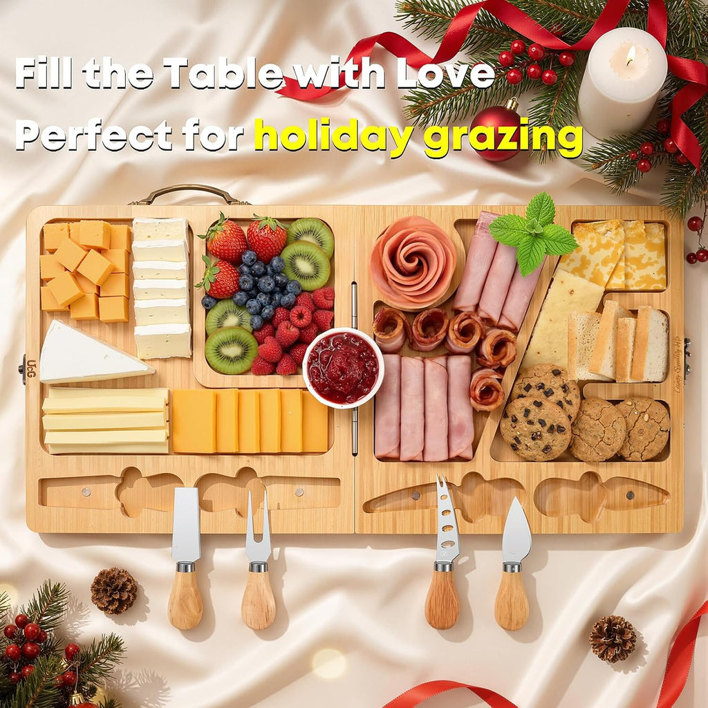 Charcuterie Board Gifts for Women: Bamboo Folding Cheese Board with Knife | Unique White Elephant Gift Wedding