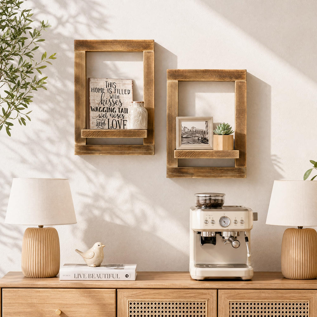 Set of 2 Rustic Floating Shelves Frame Farmhouse Boho Hanging Shelves Distressed Wood Wall Shelf Modern Farmhouse