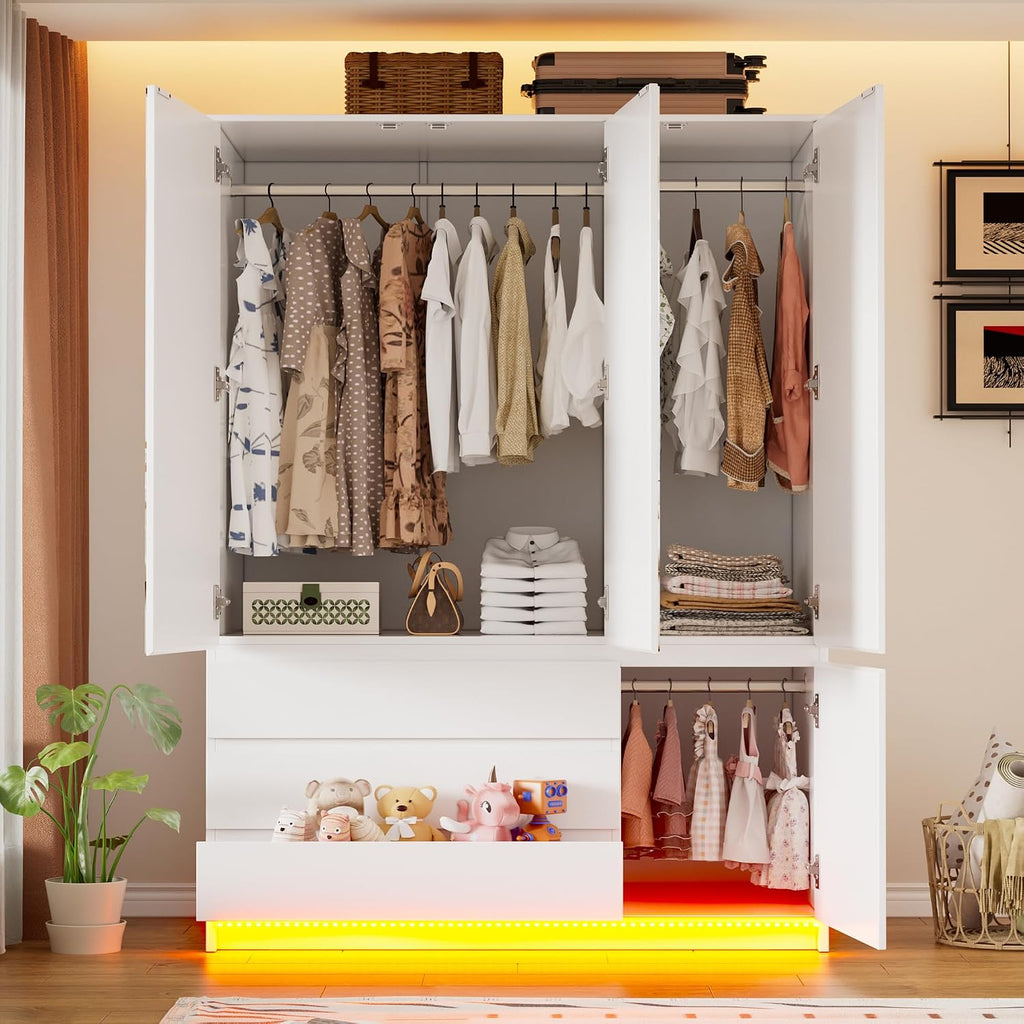 3 Doors Armoire Wardrobe Closet, 72.83" H Bedroom Armoires | Clothing Storage Cabinet with Mirror & Lights, 3