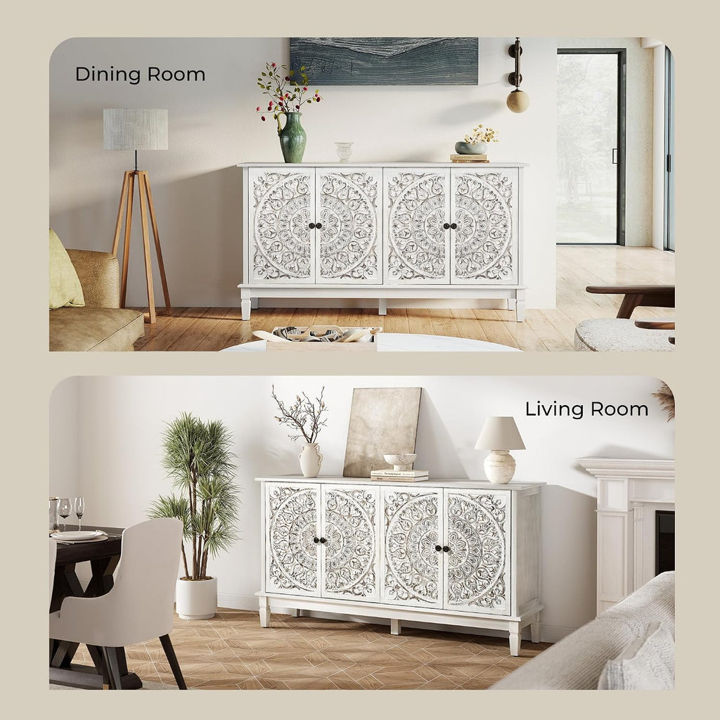 Buffet Cabinet with Storage, Accent Cabinet with 4 Carved Doors, Solid Wood Sideboard with Adjustable Shelf, Vintage