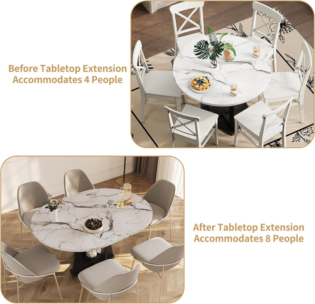 Extendable Dining Table 43"-59" for 4-6, Marble Round Kitchen Dining Room Table with 2 Tier Storage Shelves