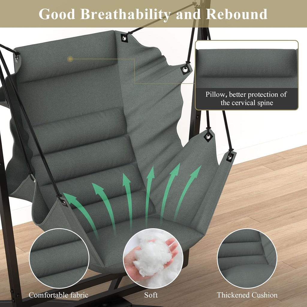 360° Swivel Outdoor/Indoor Swing Chair with Stand&Cushion.(400lbs)(Grey) | Perfect for People Enjoying Leisure Time