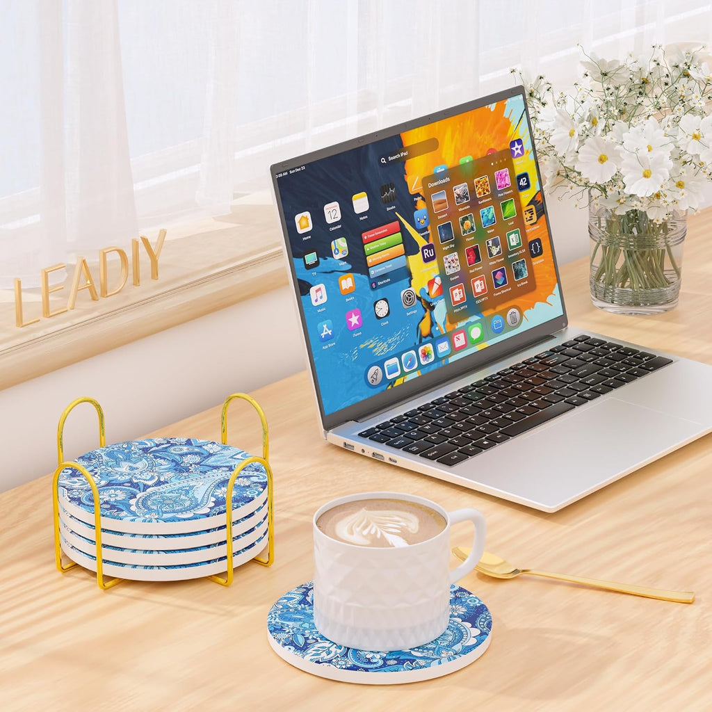 /Set Marble Abstract Ceramic Coasters with Holder, Absorbent Drink Coasters, Coffee Cup Coaster,Round Ceramic - Set of 6