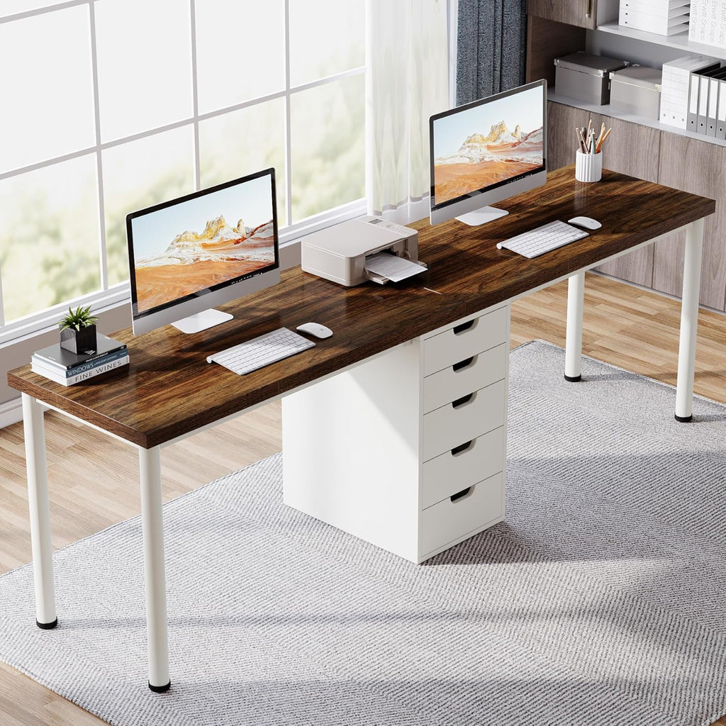 Two Person Computer Desk with 5 Drawers, 78.7 Inches Extra Long Double Office Desk