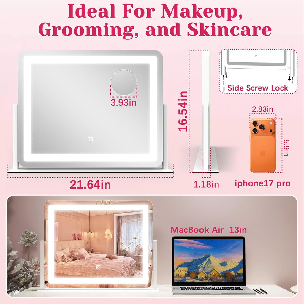 22"x17" Vanity Mirror with Lights, LED Makeup Mirror with 3 Color Modes & Dimmable Touch Control, 360 Rotation