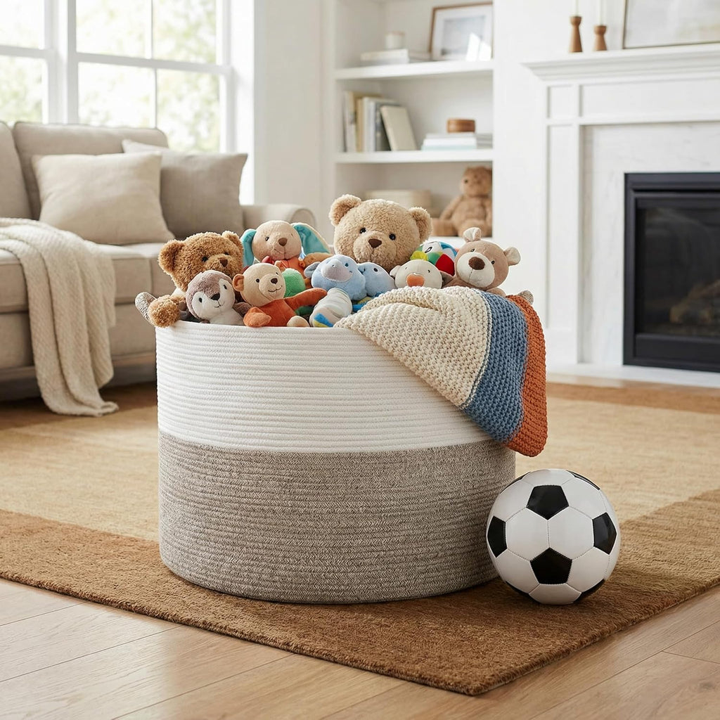 Large Blanket Basket , 21.7" x 13.8" Woven Cotton Rope Laundry Hamper for Pillows, Towels & Toy Storage - Decorative