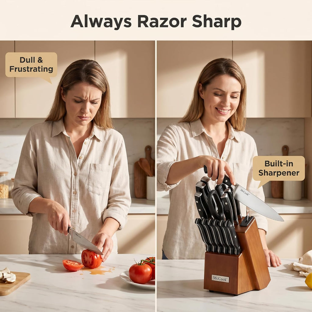 Kitchen Knife Set 15PC Knife Block Set w Built-in Sharpener | German Forged Stainless Steel,Razor