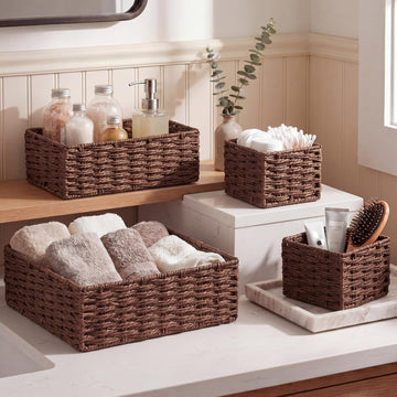 Paper Rope Bathroom Woven Basket Organizer Set of 4 Rustic Bathroom Decor Storage Baskets for Countertop Shelf Closet