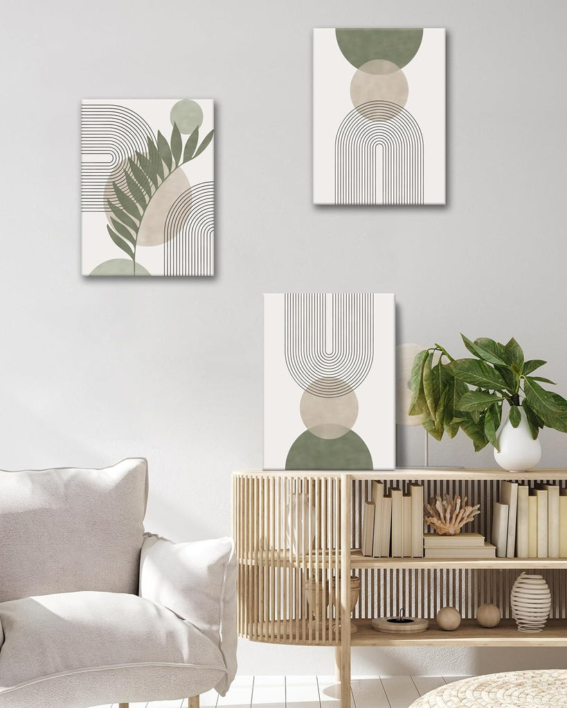 CM Sage Green Boho Wall Art, Botanical Geometric Framed Canvas Bathroom Wall Art, Mid-Century Modern Wood Frame