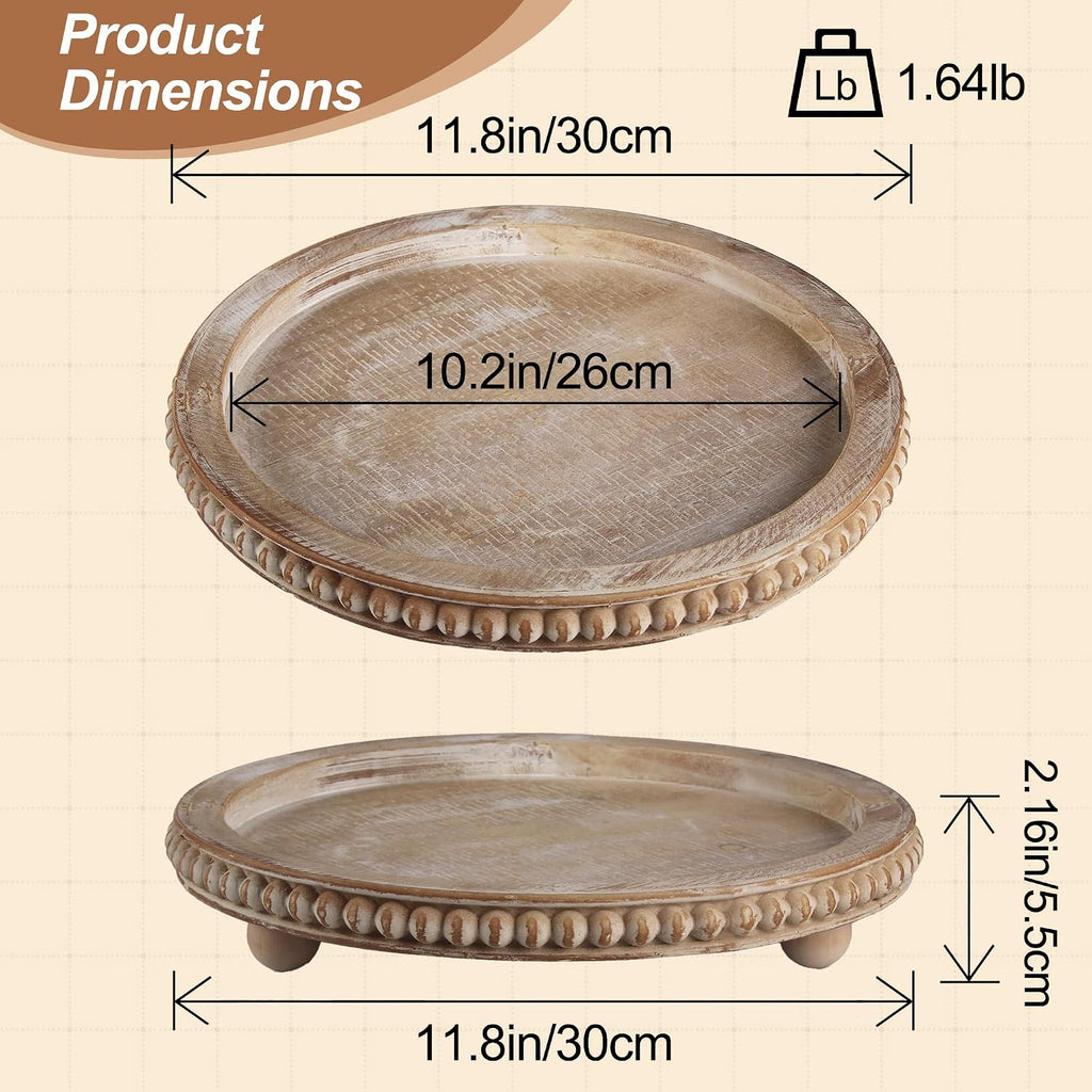 Round Decorative Tray for Coffee Table, Natural Wood Beaded Tray with Detachable Legs, 11.87" Farmhouse Rustic