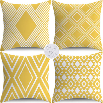 Outdoor Waterproof Pillow Covers 20x20 Set of 4 Yellow and White Modern Geometry Decorative Outdoor Throw Pillows