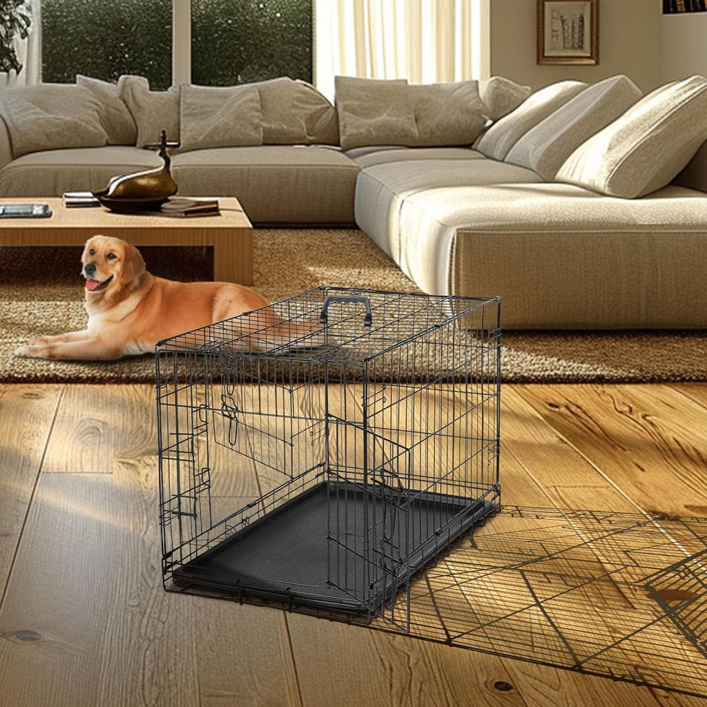 Dog Crate - 36 Inch Medium Double Door Portable Dog Cage, Metal Wire Pet Kennel with Secure Lock, Leak-Proof Pan Tray