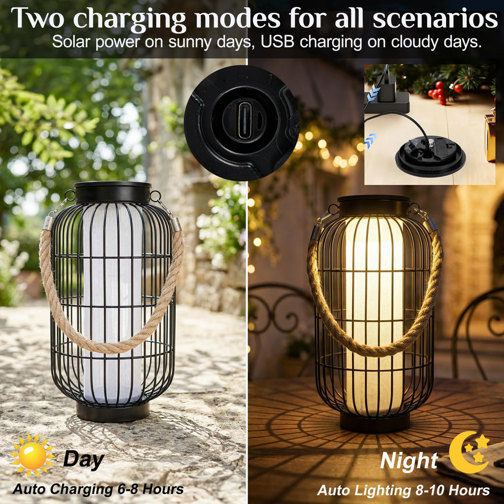 Large Solar Lanterns Outdoor, Rustic Style Metal Patio Solar Lantern